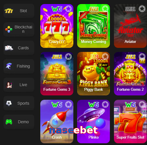 Main screen of Naseebet game page for PK players